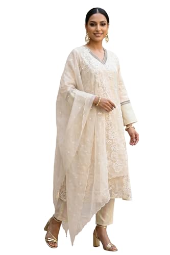 Wishful Women’s Powder Yellow Sequins Embroidered Straight Georgette Kurta with Straight Pants and Dupatta Set - (SP13602-400512-S)