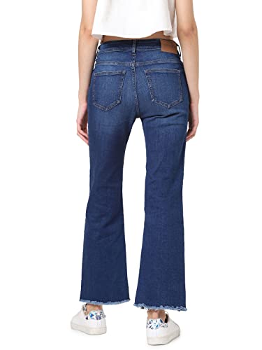ONLY Women's High Rise Flared Jeans with Frayed Hemline Dark Blue