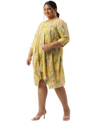 theRebelinme Plus Size Women's 6409QC Yellow Gold Foil Printed Layered Dress(XXXXL)