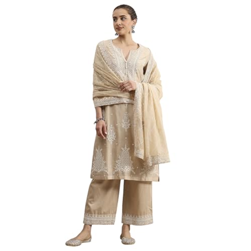 Biba Women Natural White Chanderi Straight Dyed Suit Set_42