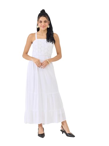 Latin Quarters Women's White Solid Strappy Square Neck Casual Fit & Flared Dress_XS