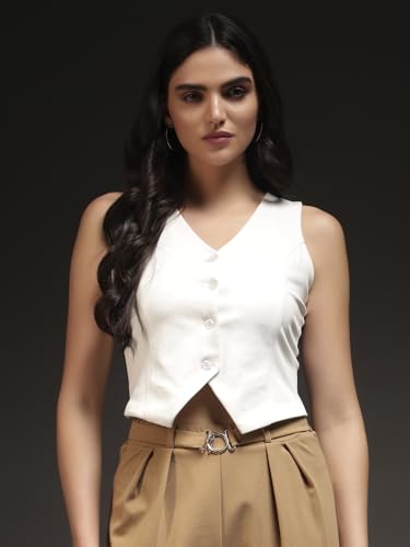 Trend Arrest.ed Women's Button Down Waistcoat Top | V-Neck Tailored Vest | Cropped Modern Blouse (Off-White,S)
