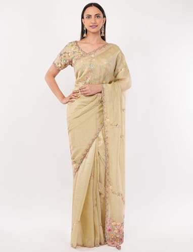 Gaon Originals Hand-Embroidered Silk Saree in Pastel Beige – 5.5m