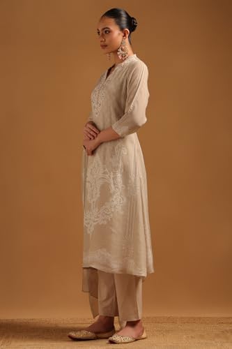 Soch Womens Beige Linen Floral Print Suit Set With Mirror Work