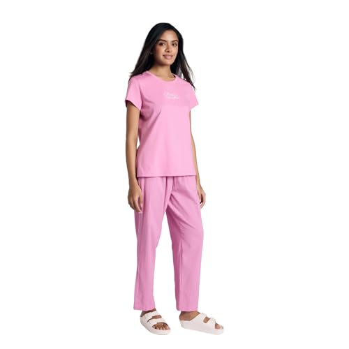 NYKD Essential Cotton Pyjama Coord Set with Crew Neck Cotton Knit Tee Nys943 Pink Seer