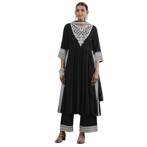 Biba Women Black Viscose Rayon Gathered Suit Set_32