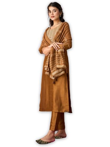 Hritika Women's Brown Silk Blend Embroidered Kurta Set with Dupatta_RE_HRKBD0200BROWN_L