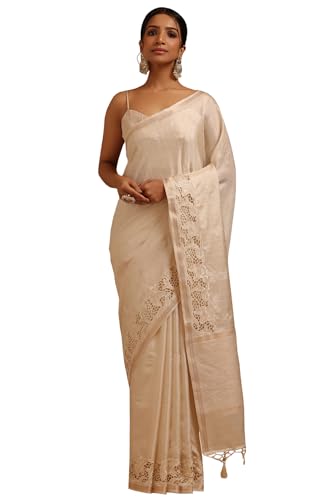 Soch Womens Cream Tussar Floral Printed Saree With Thread Work