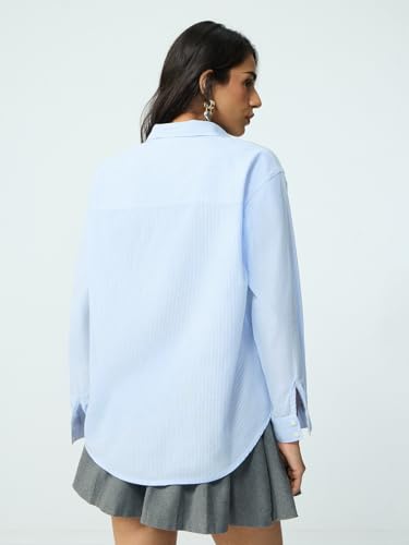 The Souled Store Stripe Shirt: Blueprint Women and Girls Full Sleeves Spread Collar Light Blue Striped Cotton Oversized Fit Lightweight All-Season Shirt for Casual Wear