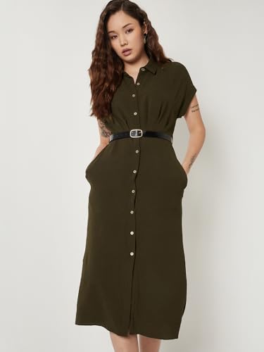 Max Women Solid Shirt Dress with Belt (Green_XS)