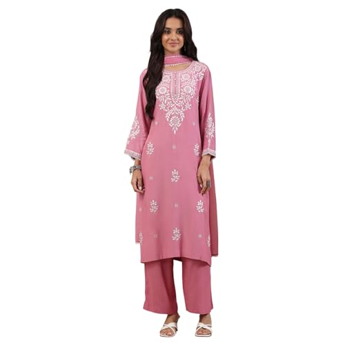 Biba Women Pink Poly Viscose Straight Suit Set_36