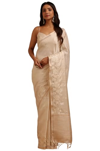 Soch Womens Cream Tussar Hand Embroidered Saree With Tassels