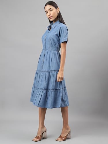 Latin Quarters Women Blue Denim Solid Knee-Length Shirt Dress with Collar Neck Half Sleeves and Button Closure in Cotton Viscose Fabric