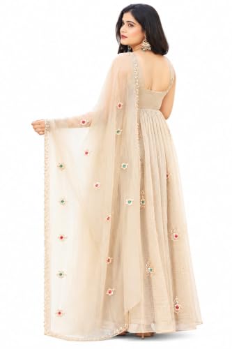 Beige Anarkali Gown with Net Dupatta, Embroidered Ethnic Wear | Floral Stone Work, Net Dupatta Included, Festive Occasion Wear, Flared Silhouette, Zari Embroidery