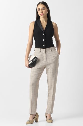 Women Beige Check Formal Trousers