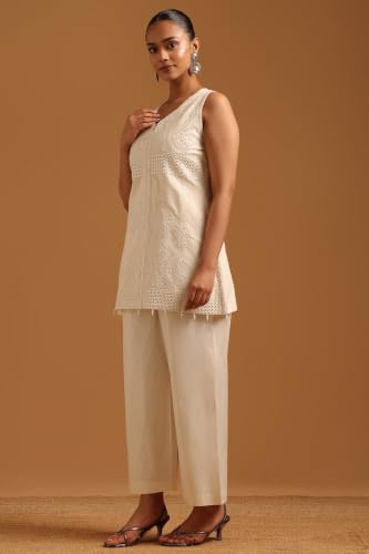 Soch Womens Cream Cotton Embroidered Mirror-Work Kurta Set