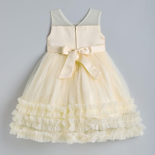 Hopscotch Girls Sleeveless Beige Floral AppliqueTieRuffle Dress (3-4 Years)