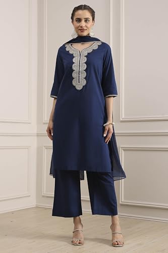 Biba Women Blue Cotton Straight Dyed Suit Set_40
