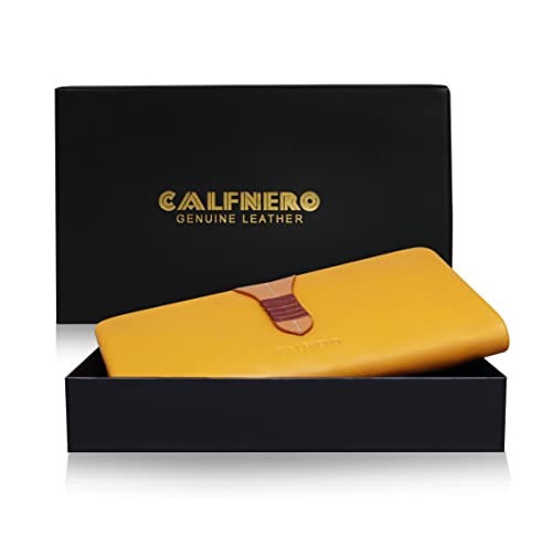 Calfnero Women's Genuine Leather Wallet-Long Purse Wallet with Multiple Card Slots, Zip Pocket with Note Compartments (Yellow)