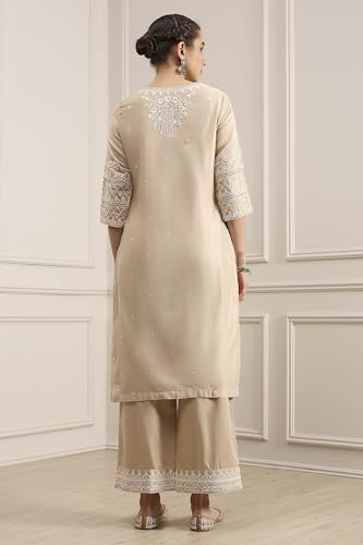 Biba Women Natural White Chanderi Straight Dyed Suit Set_42