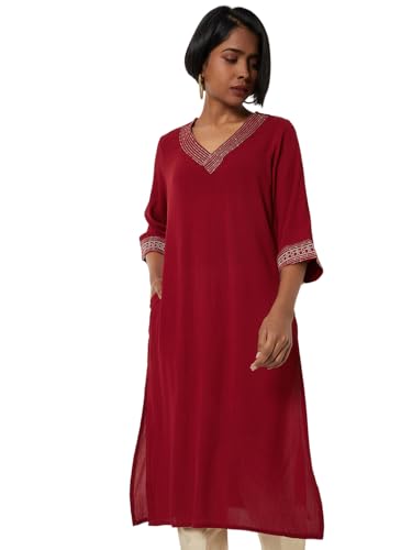 Max Women Embroidered Straight Kurta (Red_XL)