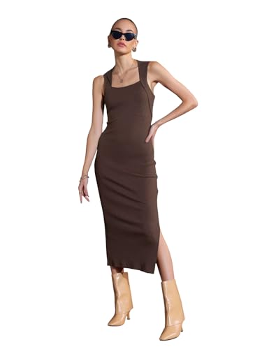 Sassafras Women's Brown Rib Side Slit Bodycon Midi Dress -XXL