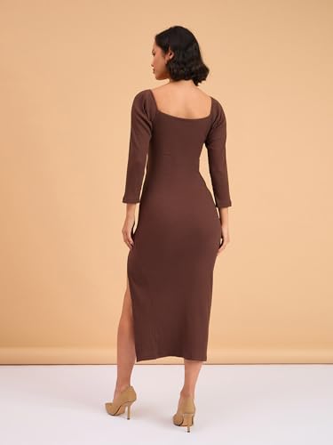 barcino Brown Rib Side Slit Wrap Neck Cut-Out Midi Dress