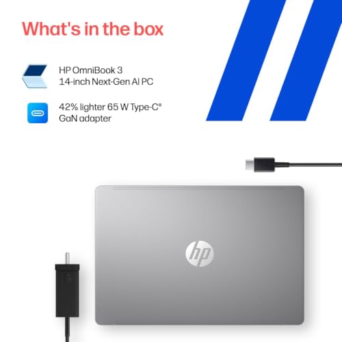 HP Omnibook 3, Snapdragon X Processor 45 TOPS (16GB LPDDR5x,512GB SSD) 2K WUXGA, Anti-Glare, 14''/35.6cm, Win 11, M365*Office 24,Silver,1.42kg, hz0026QU, Lighter mini Charger, FHD IR Camera, AI Laptop