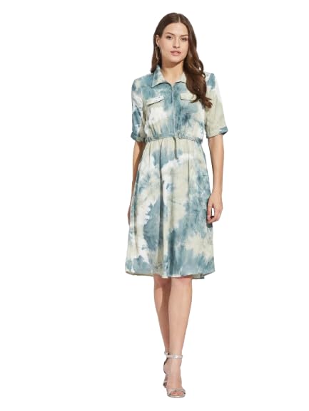 Latin Quarters Women's Green Half Sleeves Collared Tie-Dye Casual Dress_L