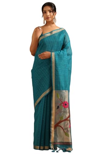Soch Womens Turquoise Blue Tissue Botanical Zari Woven Saree