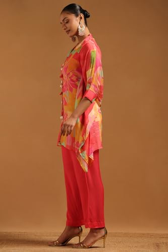Soch Womens Pink Chinon Botanical Kaftan Suit With Hand Embroidery and Bead Details