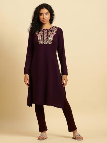 W for Woman Maroon Solid Fit and Flare Pants (Size: S)-24NOW62078-220886