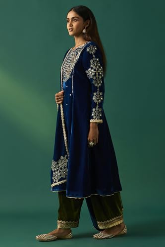 Wishful Women's Blue Embroidered Velvet Anarkali Kurta with Salwar and Dupatta Set - (SP12854-223811-L)