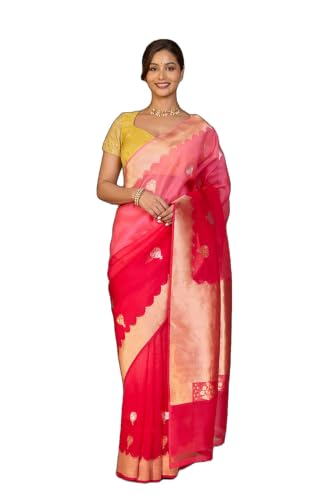 Taneira Pink Pure Silk Organza Kadwa Banarasi SareeWith Unstitched Blouse(SAIH01AD6178-Pink)