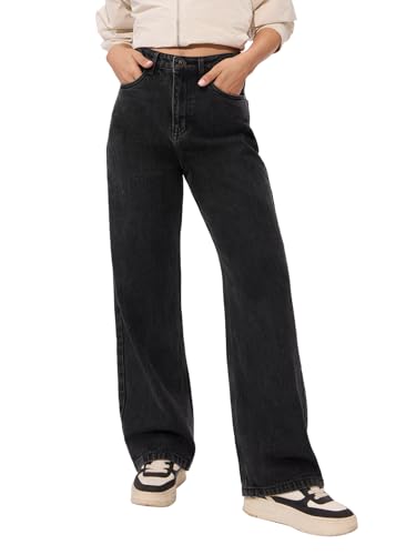 The Souled Store Solids: Charcoal Women and Girls Buttoned Cotton Straight Fit Jeans