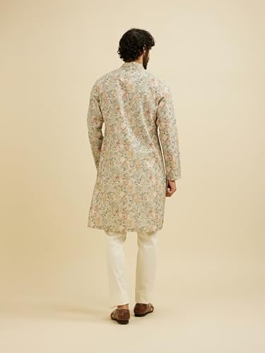 Manyavar Men's Cotton Blend Floral Print Kurta (Beige,M)