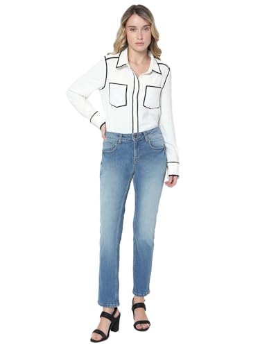 VERO MODA Womens Straight Fit Mid Rise Jeans Dark Blue Denim