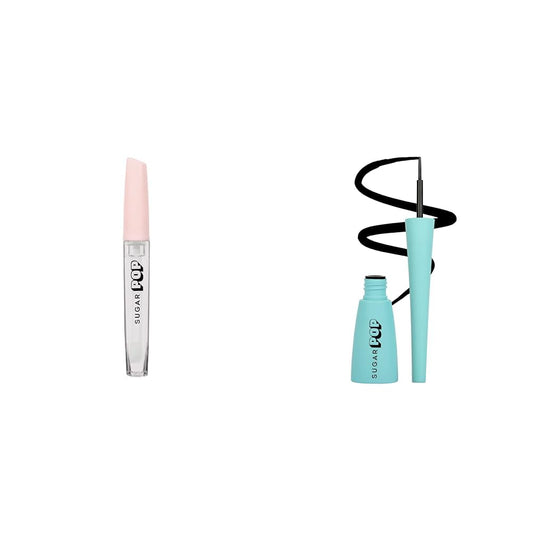 SUGAR POP High Shine Lip Gloss - 01 Marshmallow (Clear) Lip Plumping Gloss For Soft & Dewy Lips & Sugar Pop Matte Finish Eyeliner Combo