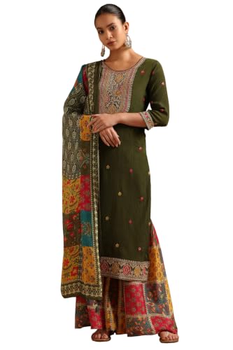 Soch Womens Green Viscose Blend Ethnic Motifs Zari Embroidered Salwar Suit With Sequin