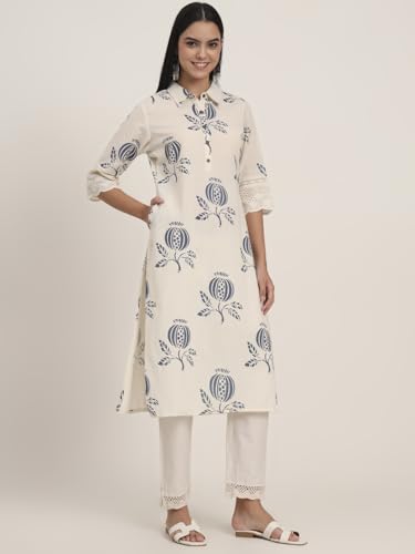 Divena Off White Floral Cotton A-Line Kurta (DBK1456)