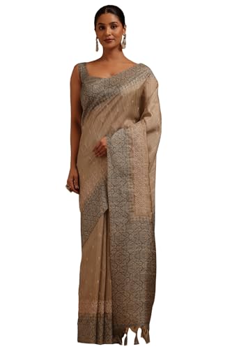Soch Womens Beige Tussar Embroidered Saree With Thread Work