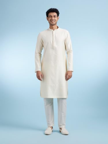 DIWAS BY MANYAVAR Men's Viscose Blend Self Design Long Kurta Pyjama Set (Cream,L)