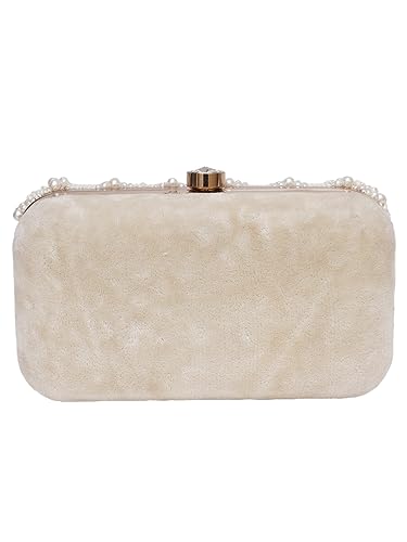 FABBHUE Women's Velvet White Hand Embroidery Box Clutch Purse