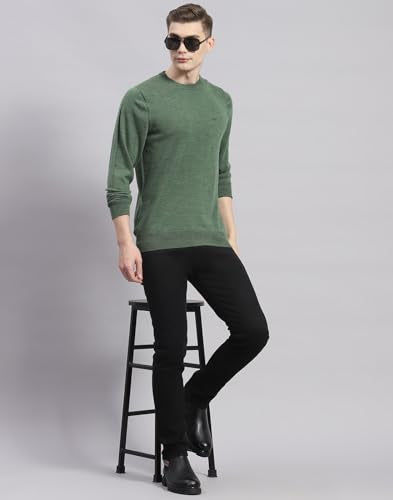 Monte Carlo Mens Green Solid Round Neck Full Sleeve Wool Casual Sweater | Warm Woolen Pullover for Men | Soft Comfortable Knitted Winter Wear Sweater for Men's