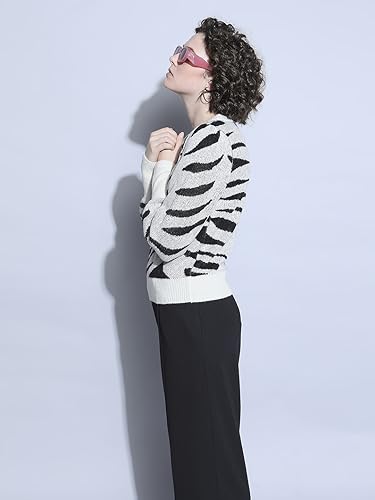 VERO MODA Women Printed Polyester Blend Regular Fit Off-White Sweater