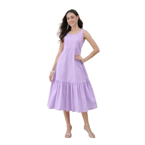 GulaboSitabo Women’s Pure Cotton Corset Dress | Sleeveless, Scoop Neck, Fitted Waist, Gathered Hem, Calf Length | Stylish Trendy Summer Western Dress for Women | Party Holiday Lavender