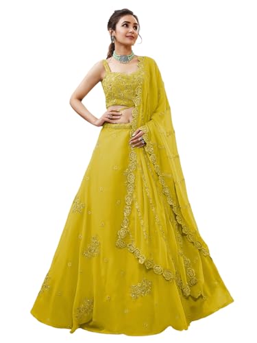 Zeel Clothing Women's Georgette Semi Stitched Lehenga Choli With Dupatta (7060-Yellow-Wedding-Lehenga-Choli; Free Size)