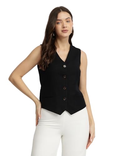 FableStreet Women Formal Waistcoat | Relaxed Fit V-Neck Sleeveless Checked Pattern | Breathable Cotton & Smooth Polyester Lining for Office Meetings & Workwear | Black
