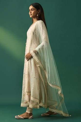 Wishful Women's Beige Floral Embroidered Anarkali Net Kurta with Churidar and Dupatta Set - (SP11502-401093-L)