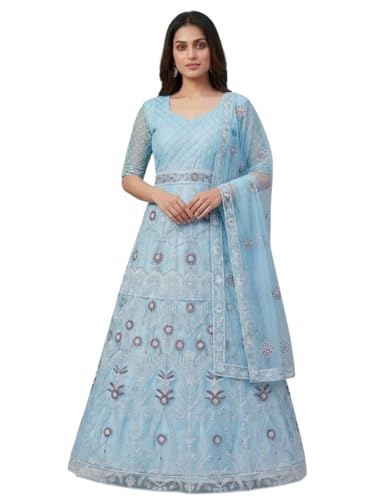 JULEE Women's Net Embroidered Semi-Stitched Gown Kriti Gown Firozi-GEM